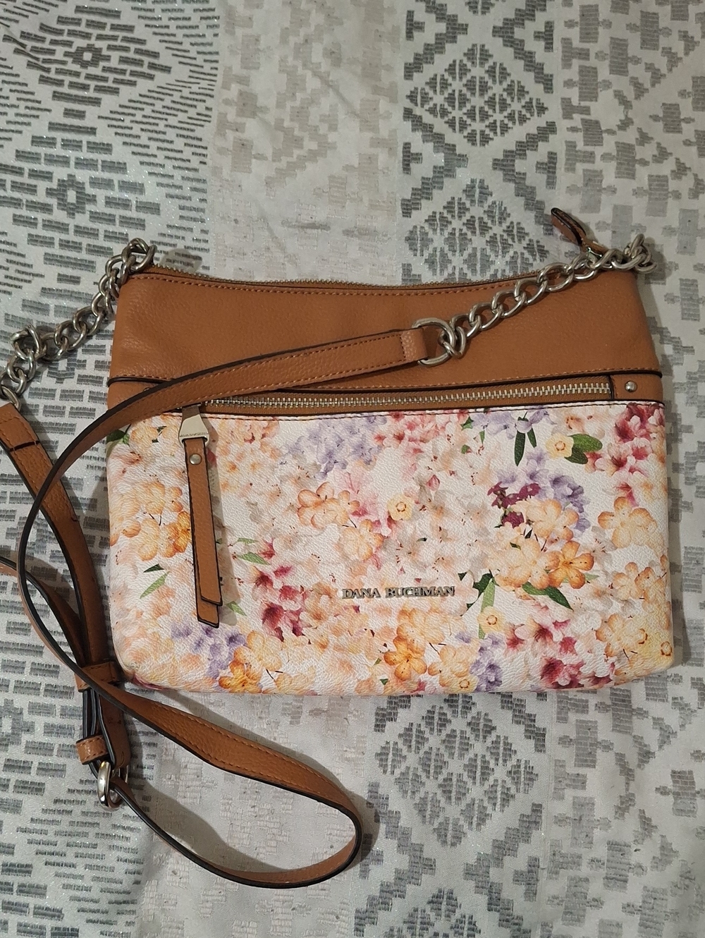 Dana Buchman Tan Floral Crossbody with Multicolor Bouquet